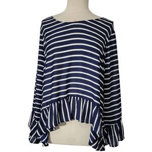 A.n.a Navy Stripe Peplum Hem Blouse With Ruffles Size XL NWT